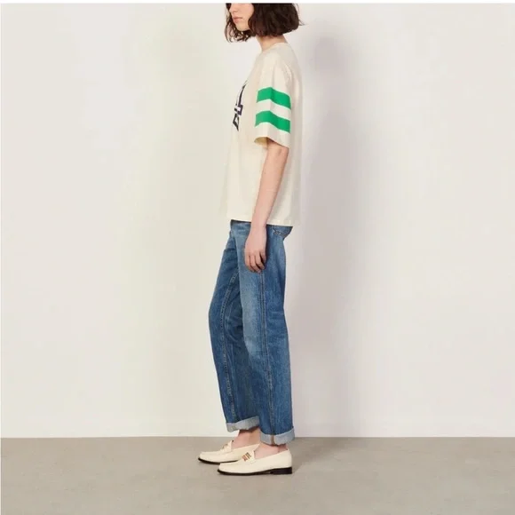 Sandro Paris green and cream T-shirt medium - Picture 2 of 3